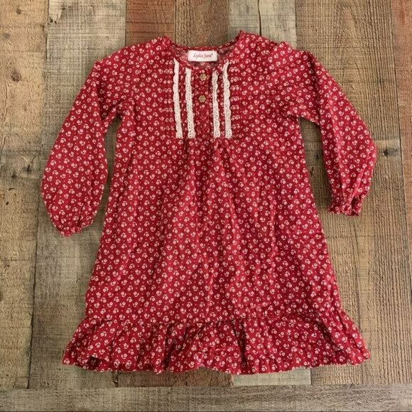 Lydia Jane Girls Red Floral Long-Sleeve Dress With Lace Detailing & Ruffle Hem - Picture 8 of 8
